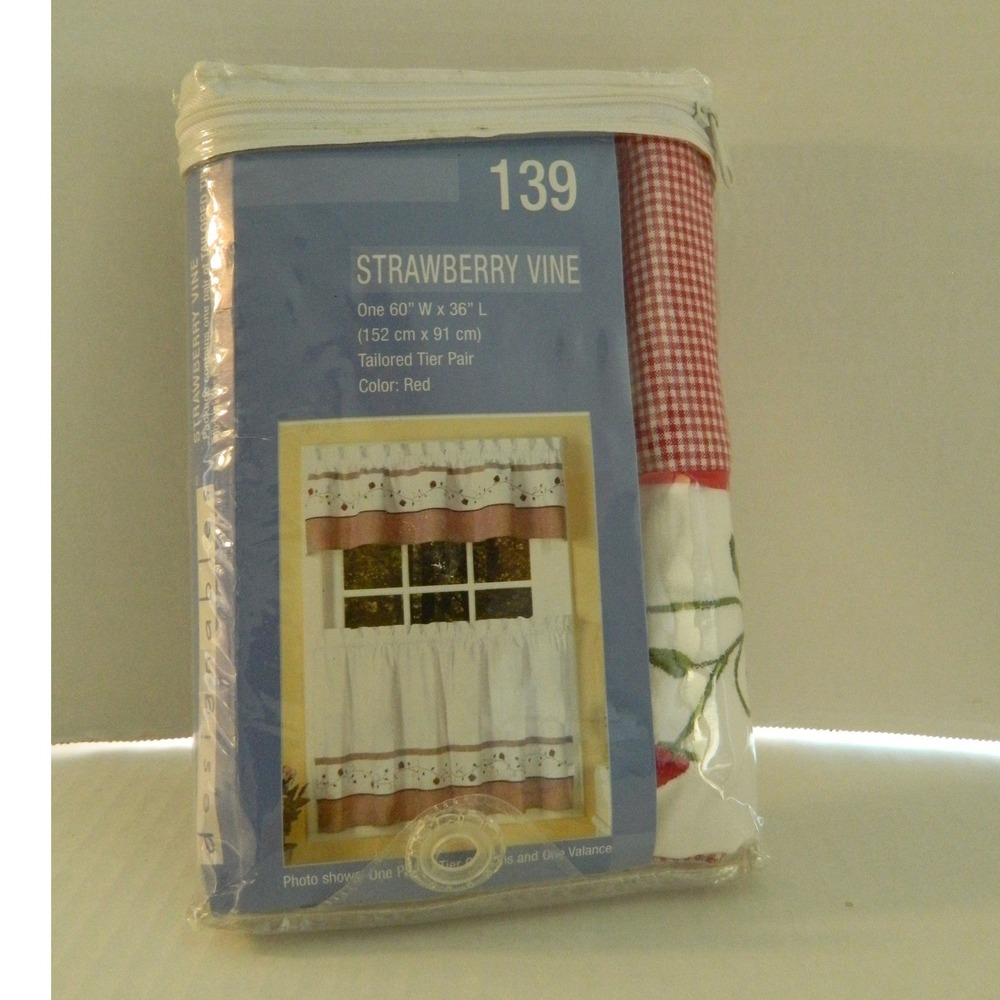Designables Strawberry Vine Tier Curtains 60x36 Red Gingham Embroidered Cotton